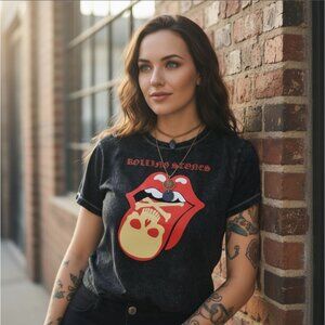 Rolling Stones ✦ Skull Tongue Acid Wash T-Shirt ✦ Black Red Yellow Graphic M